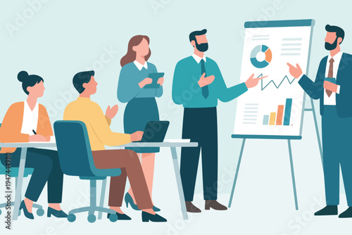 Business team presenting data on flip chart with graphs and charts, stylized vector illustration of teamwork, analysis and corporate communication.