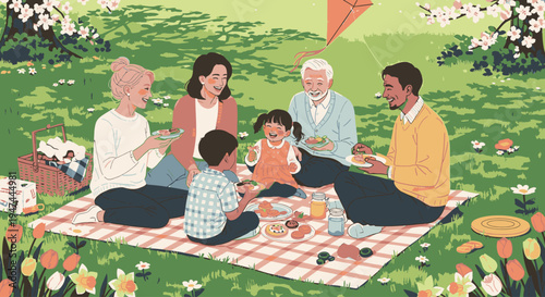 Diverse multi-generational family enjoying a picnic on a blanket in a vibrant flower-filled green field with a red kite.