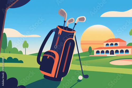 Golf bag with clubs and ball on tee at sunset course with clubhouse and trees, stylized vector illustration of sport, leisure and outdoor lifestyle.
