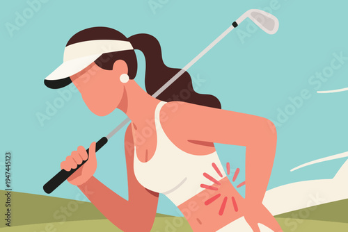 Female golfer in visor holding club with side pain, stylized vector illustration of sports injury, wellness awareness and outdoor lifestyle.