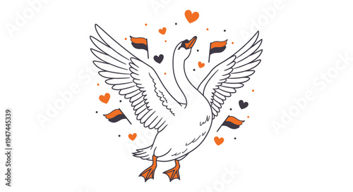 Illustration of a goose with outstretched wings surrounded by flags and hearts.