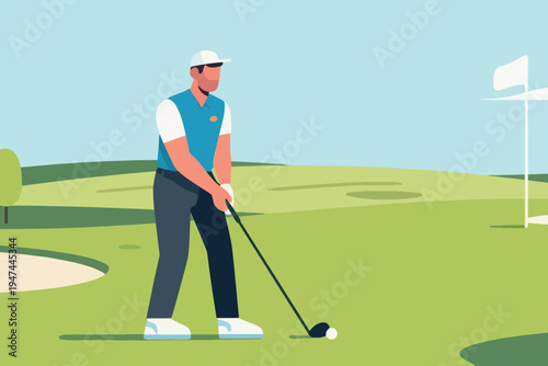 Golfer in cap and blue white shirt preparing to hit ball on course with flag and bunker, stylized vector illustration of sport, recreation and outdoor lifestyle.