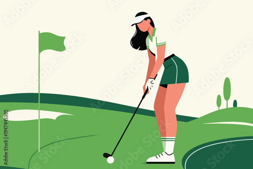Female golfer in green white outfit preparing to hit ball on course with flag and trees, stylized vector illustration of sport, focus and outdoor lifestyle.