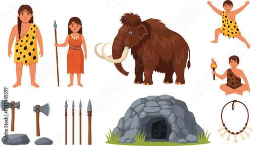 prehistoric, caveman, cavewoman, mammoth, stone age, primitive, cartoon, vector, characters, weapons, cave, tribal, ancient, illustration, set, history, culture, tools, people, lifestyle
