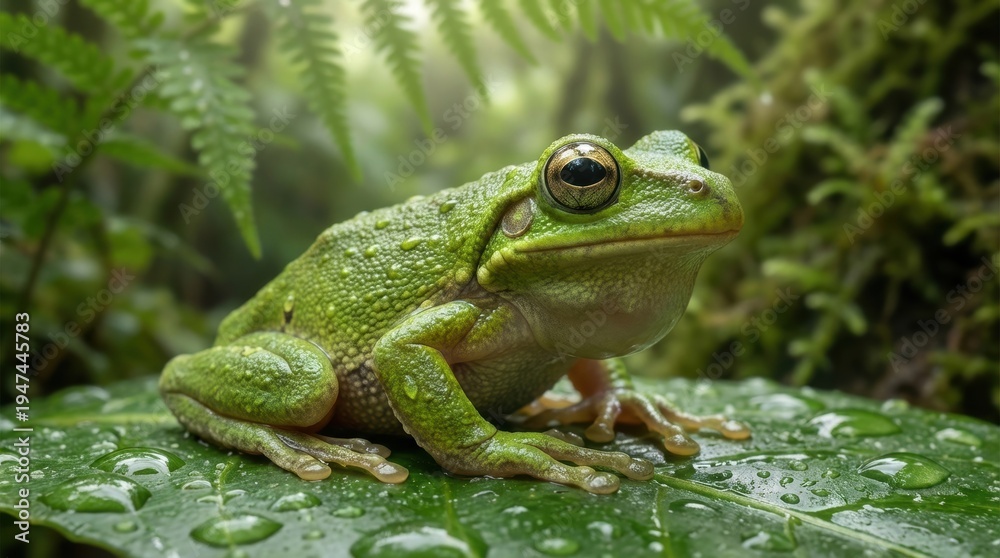 Fototapeta premium green frog sitting on leaf in lush forest with water droplets on its skin