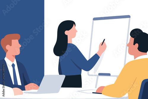 Business team in office meeting with presenter pointing at flip chart, stylized vector illustration of teamwork, collaboration and corporate training.
