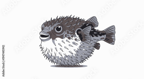 Cute Spiky Puffer Fish Vector Illustration Monochrome Blowfish Icon Design Element for Ocean Sea Life
