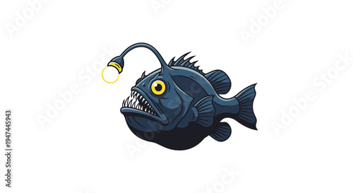 Black Anglerfish Deep Sea Creature Vector Illustration with Glowing Lure and Sharp Teeth