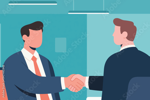 Two businessmen in suits shaking hands in office, stylized vector illustration of partnership, negotiation and corporate agreement.