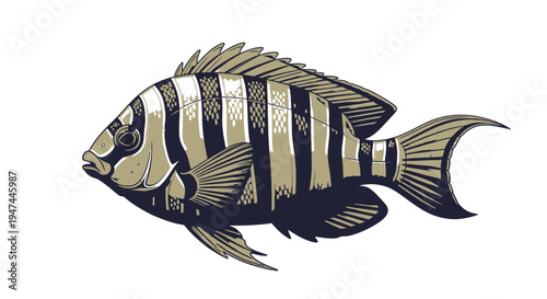Vintage Style Tropical Coral Reef Fish Vector Illustration and Marine Life Design Element