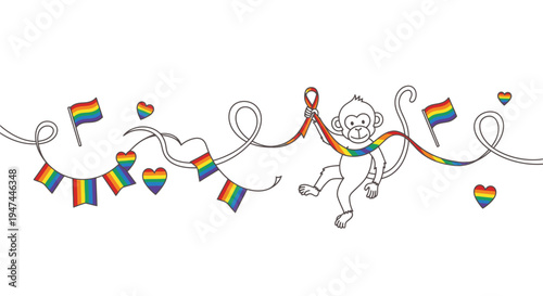 Monkey Pride - LGBTQ Celebration with Rainbow Flags and Hearts.