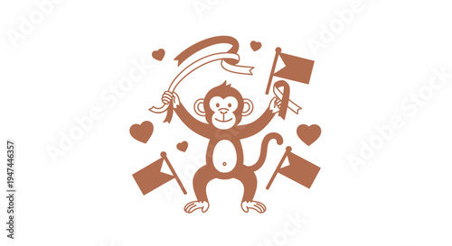 Monkey Celebrates with Flags, Ribbons, and Hearts in Festive Illustration.