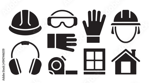 Industrial safety and construction protection vector icons set, worker personal protective equipment