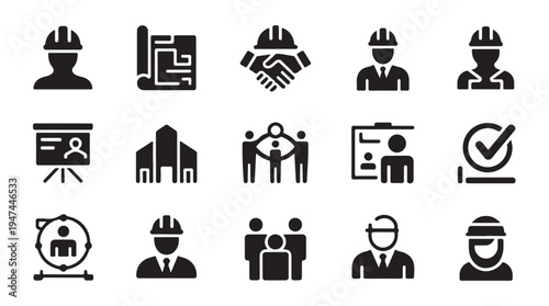 Construction and engineering team icons set, architect and worker business meeting vector symbols
