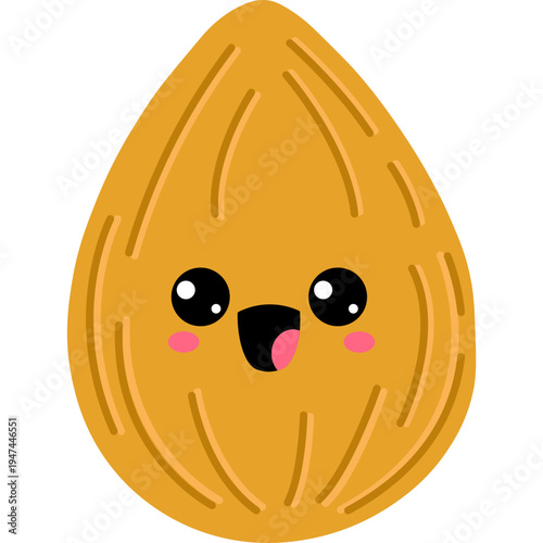 A cute cartoon almond with a happy face is shown close-up.