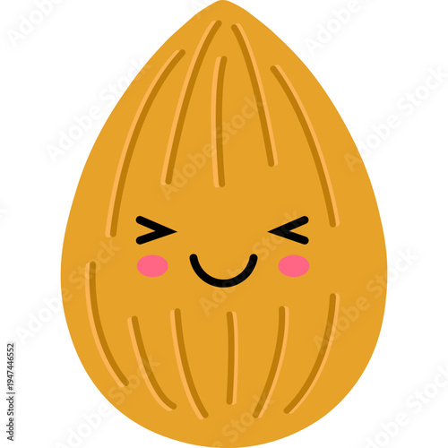 A smiling cartoon almond with rosy cheeks and eyebrows is shown.
