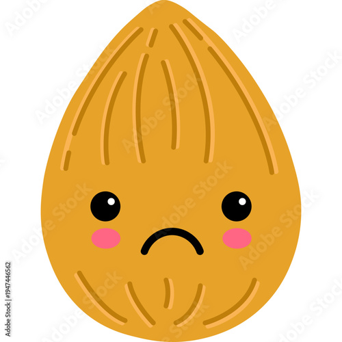 A cartoon illustration of a sad almond with a face and rosy cheeks