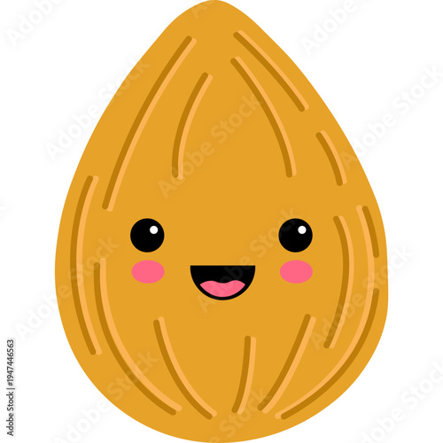 A smiling cartoon almond character with rosy cheeks appears happy