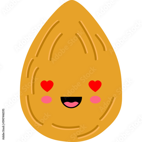 A cute cartoon mango with hearts on its cheeks smiles happily.