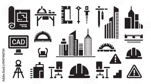 Architectural engineering design and construction tools vector icons collection