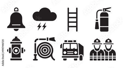Firefighter safety equipment icons set with fire truck extinguisher hydrant and department