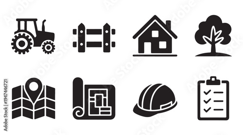 Agriculture and construction planning icons featuring tractor house tree and site blueprint
