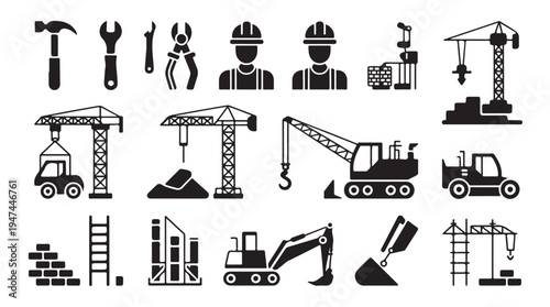 Construction and building vector icons set. tools, workers, crane, truck, excavator, brick wall and ladder