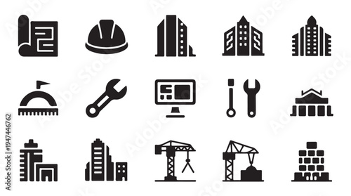 Construction and architecture vector icon set. building blueprint and hard hat, skyscraper and wrench