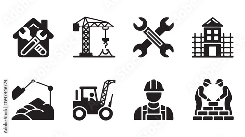Construction and repair tools icons house crane and workers building site vector set