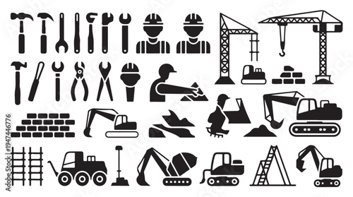 Construction and building vector icons set. tools, workers, crane, truck, excavator, brick wall and ladder