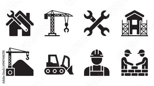 Construction and industry icons set building equipment worker crane and heavy machinery vector
