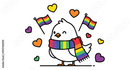 Prideful Bird Celebrating Diversity and Inclusion with Rainbow Scarf and Flags.