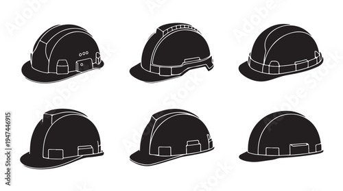 Industrial construction safety helmet set of black silhouettes isolated on white background