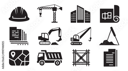 Building development symbols and machinery vector icons for architectural planning projects