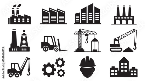 Factory industrial complex and manufacturing machinery icons set with crane and forklift