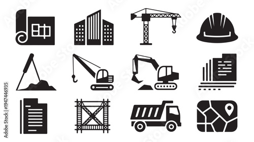 Construction site equipment icons collection including crane excavator truck and blueprints