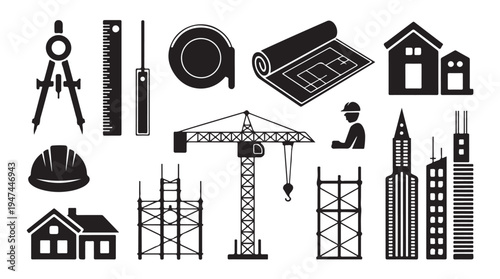 Architectural design tools and construction project planning icons vector silhouette collection