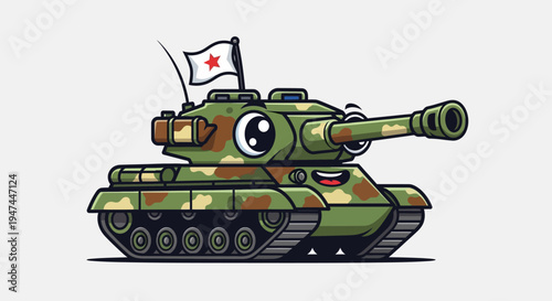Cute Cartoon Tank with Camouflage Pattern.