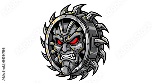 Menacing Metal Mask with Red Eyes.