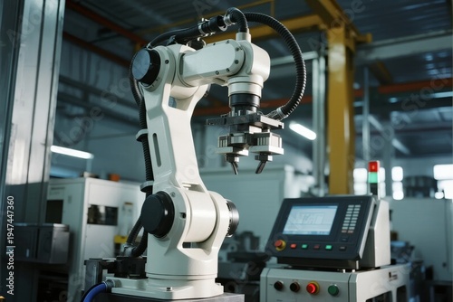 Industrial robotic arm in a manufacturing facility with control panel and machinery in the background