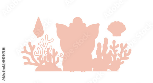 Silhouette of a mermaid surrounded by coral and seashells.