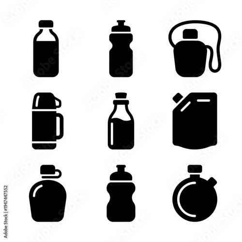 Set of black silhouette icons for various water bottles and drink containers.