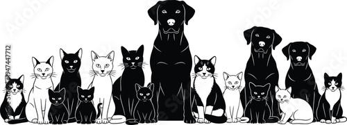 Cats and dogs pet group illustration, domestic animals collection silhouette, cute puppy and kitten lineup isolated on white background