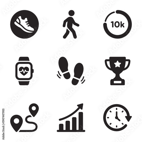 Running and fitness activity tracking black solid icons set for health and exercise goals.