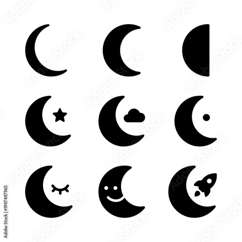 Collection of black crescent moon icons for night and space themes.