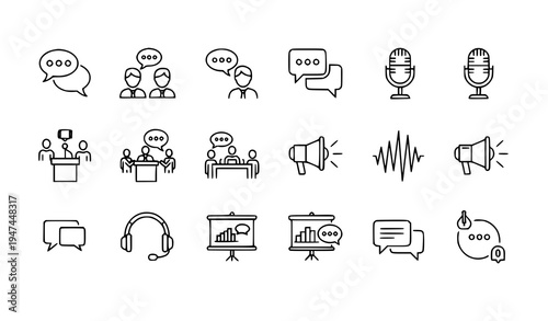 Communication and speaking outline icon set with conversation consultation voice speech bubble and public speaking symbols vector