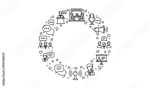 Public speaking and communication outline icon collection with voice speech bubbles conference and consultation symbols