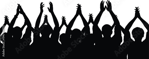 Crowd cheering and clapping hands silhouette, audience applause celebration concept, people raising hands in event concert festival background