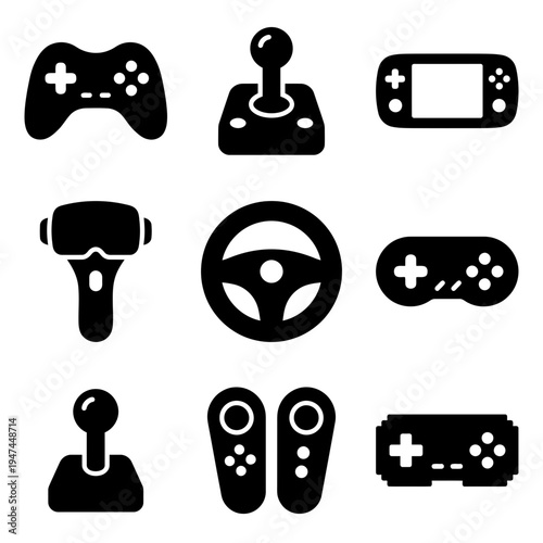 Video game controller and console icon set in black glyph style.