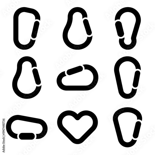 Set of nine black carabiner icons in different shapes isolated on white background.